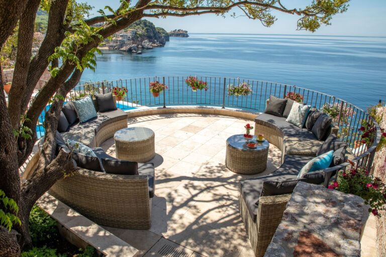 A seating circle on the terrace above the sea, Villa Ponta Melagrana