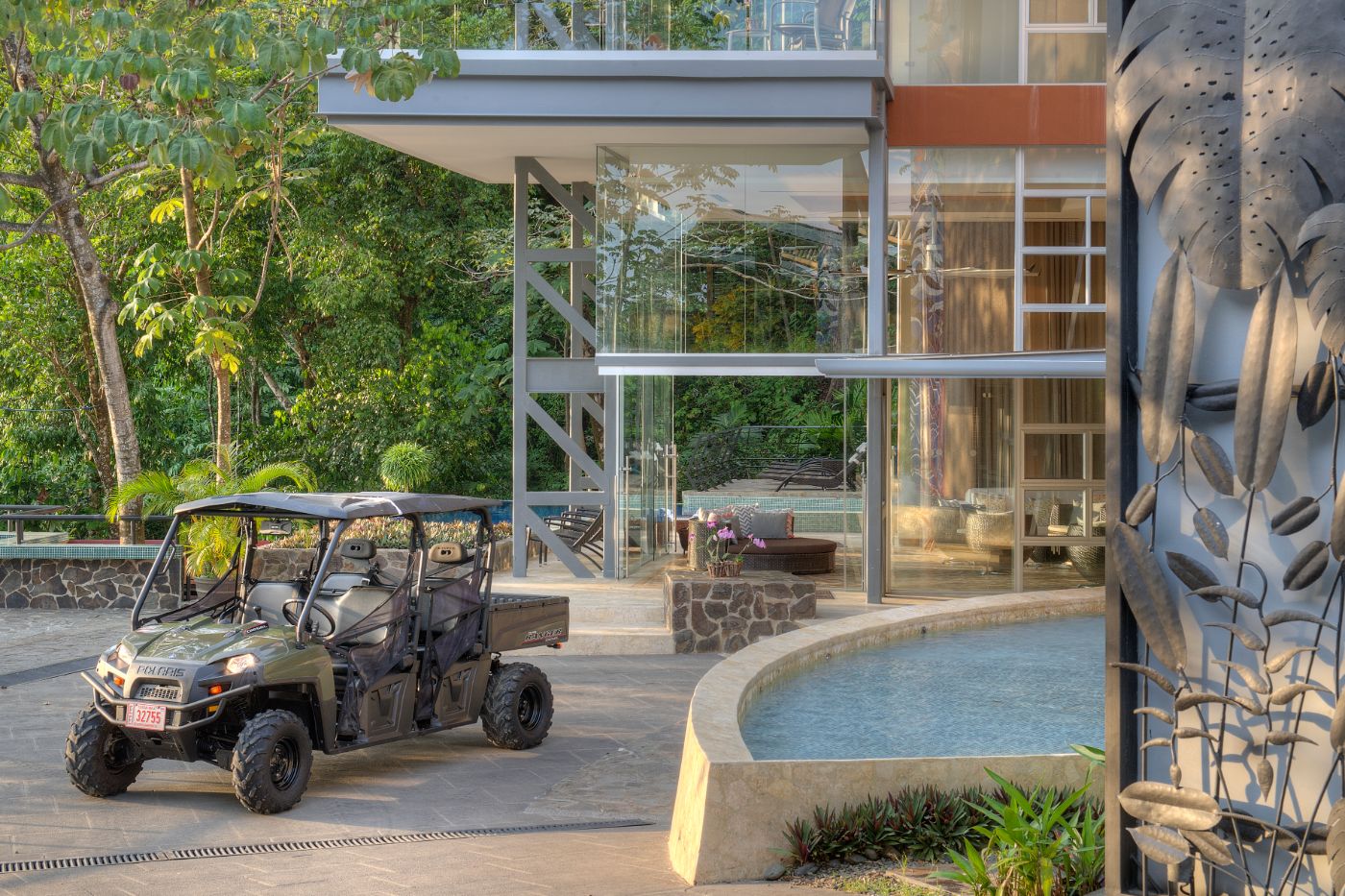 Villa entrance courtyard with the six-passenger beach buggy, Villa Punto de Vista