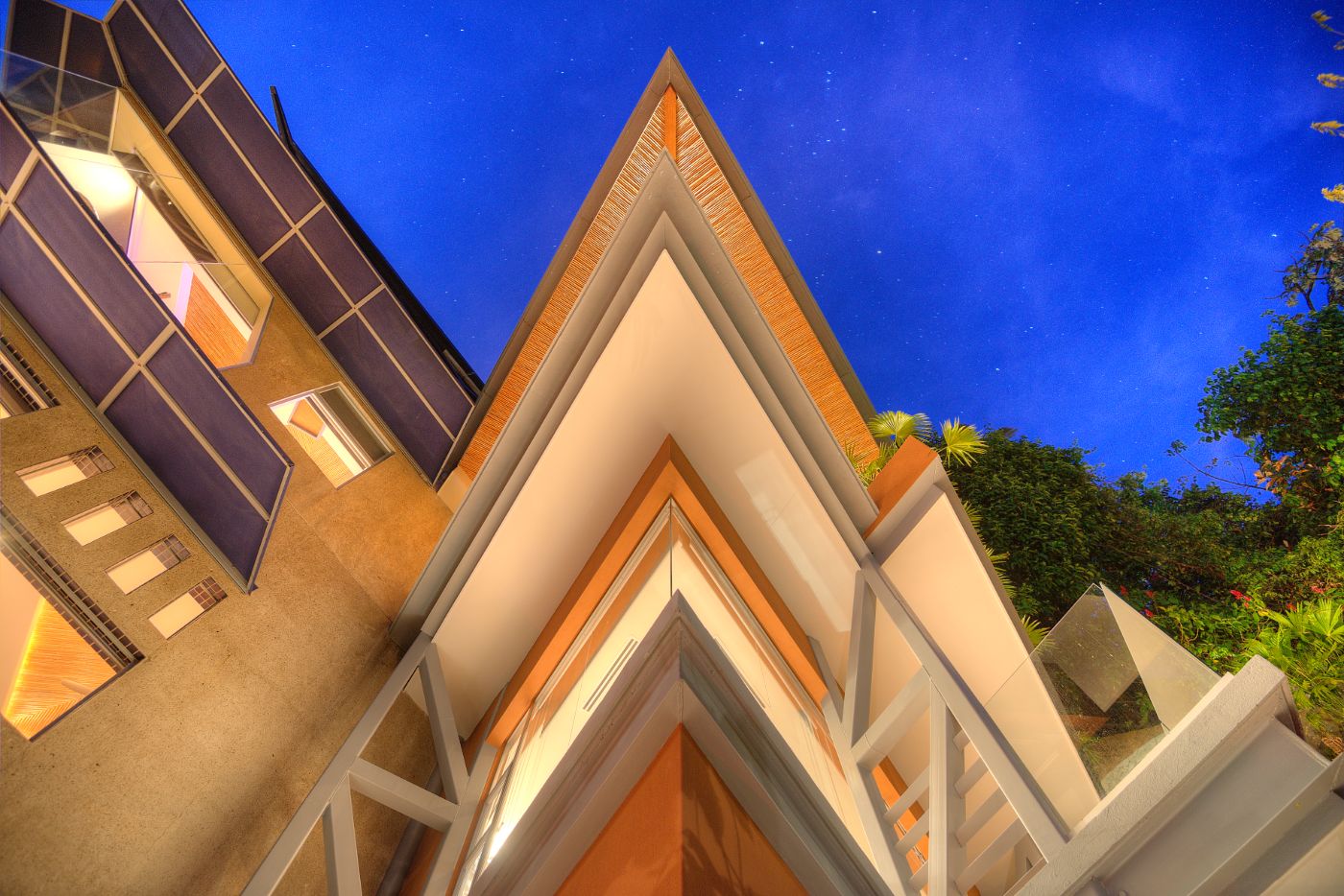 Villa architecture at dusk, seen from below, Villa Punto de Vista