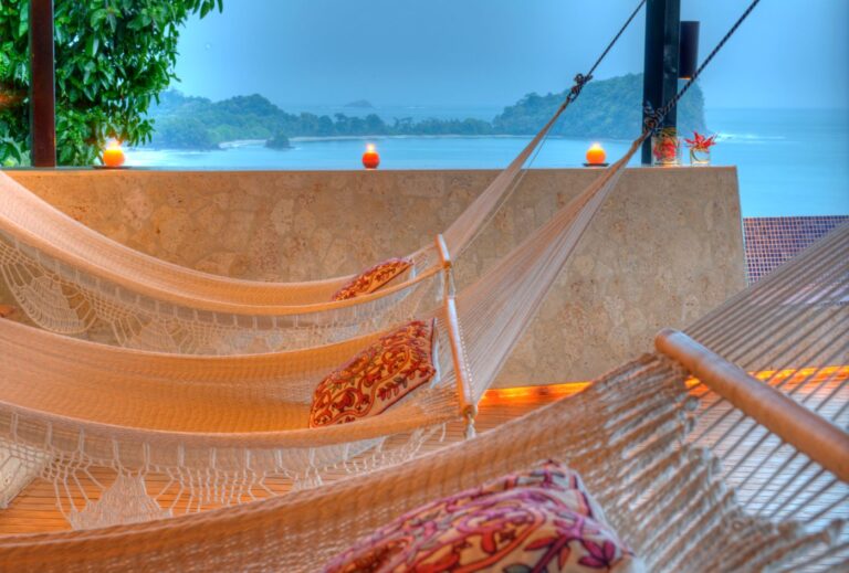 Hammocks on a terrace above the bay, Villa Punto de Vista