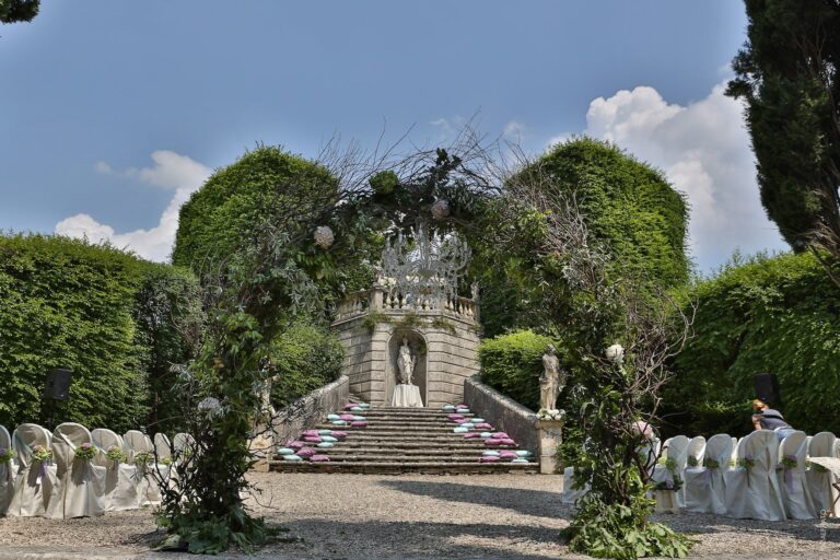 Chairs and a floral arch at the Belvedere for a ceremony, Villa Rizzardi