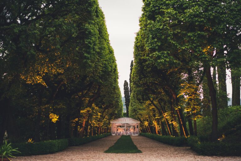 The tree-lined avenue to the garden temple at dusk, Villa Rizzardi