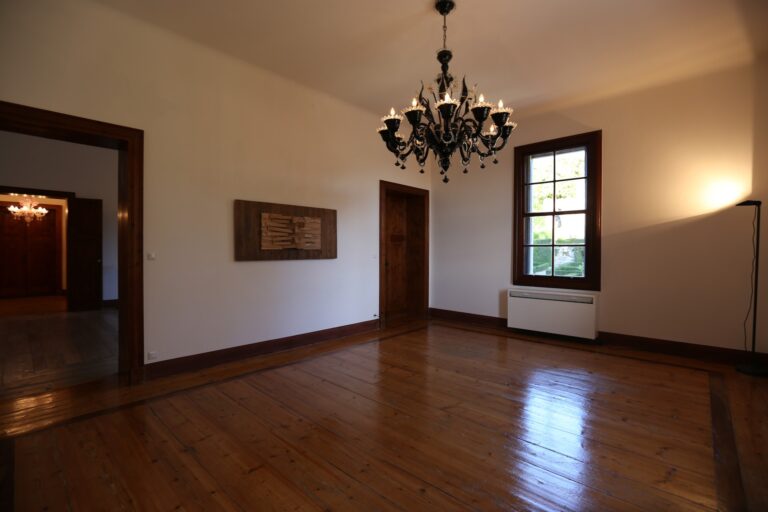 A room with a wooden floor and a black chandelier, Villa Rizzardi