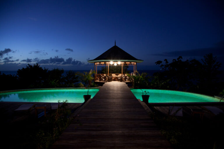 The gazebo and pool lit at night, Villa Susanna St Lucia