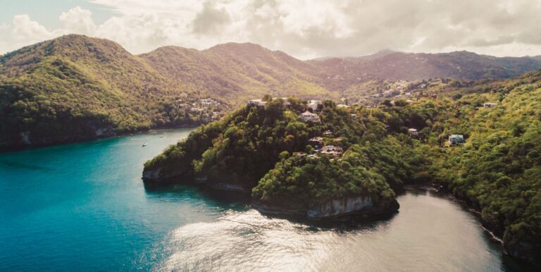 Marigot Bay and its wooded headland seen from above, Villa Susanna St Lucia