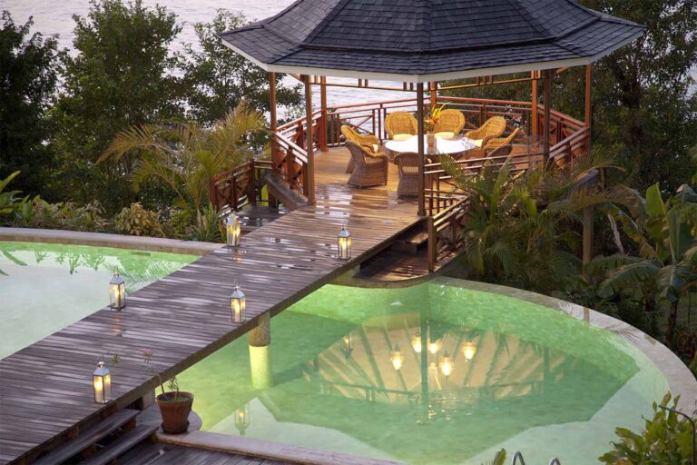 The boardwalk across the pool leading to the Sunset Gazebo, Villa Susanna St Lucia