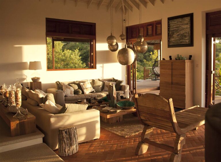 The main house living room with sofas and teak furniture, Villa Susanna St Lucia