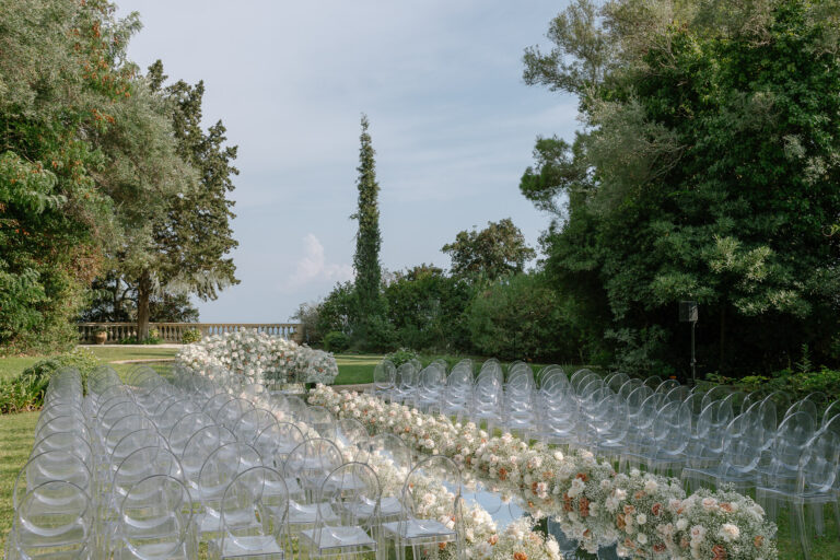 Ceremony seating laid on the lawn, Villa Sylva