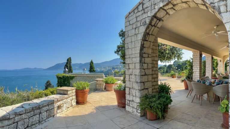 Arched terrace looking towards Corfu Town bay, Villa Sylva
