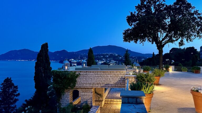 Terrace at dusk with views across the bay, Villa Sylva