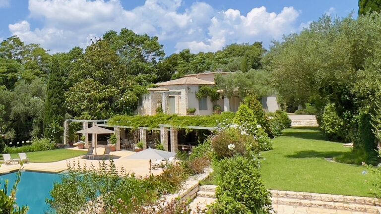 Pergola terrace and pool from the gardens, Villa Sylva