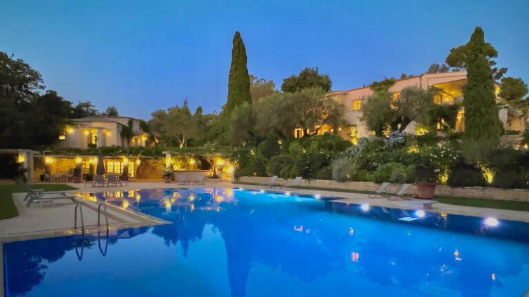 Pool and villa at dusk, Villa Sylva