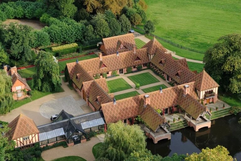 The Dairy complex on its lake, from the air, Waddesdon Manor