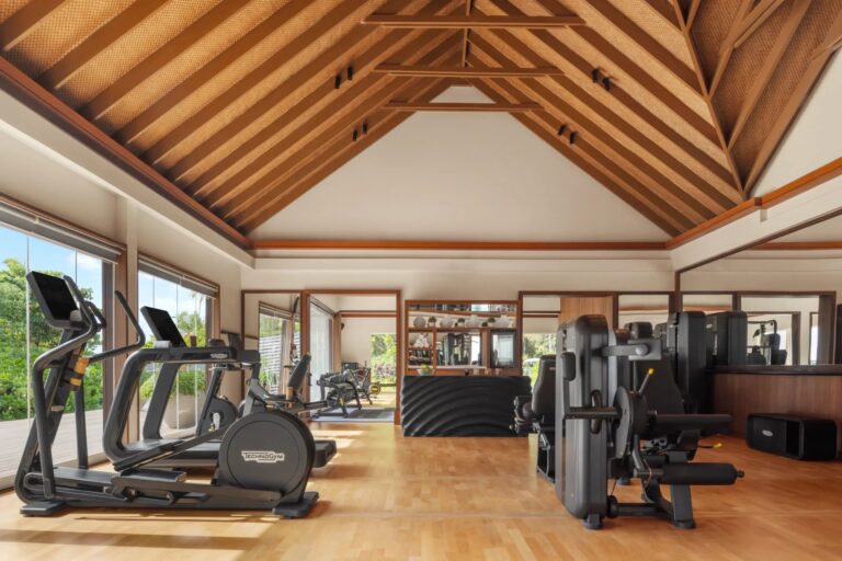 The fitness centre under a vaulted timber roof, Waldorf Astoria Maldives Ithaafushi