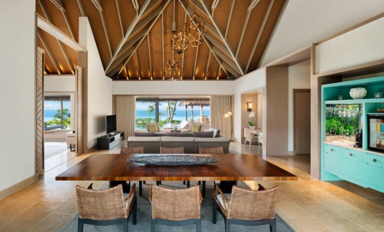 A villa dining and living area, Waldorf Astoria Maldives Ithaafushi