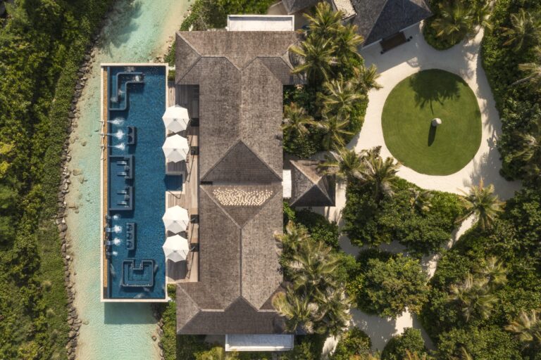 Aerial view of the spa and its pool, Waldorf Astoria Maldives Ithaafushi