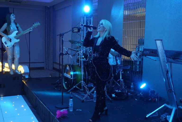 A vocalist performing on an illuminated stage, Waterfront