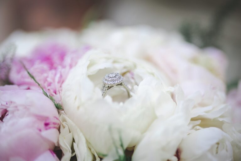Engagement ring set in white and pink peonies, Wed In Malta
