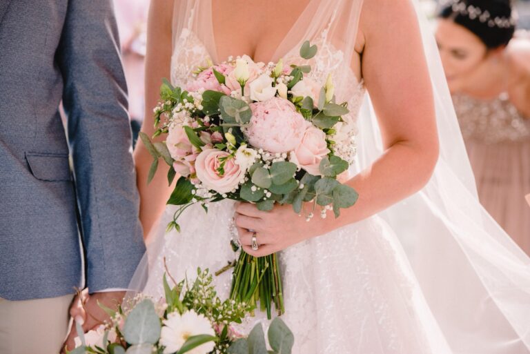 Bride holding a soft pink and white bouquet, Wed In Malta