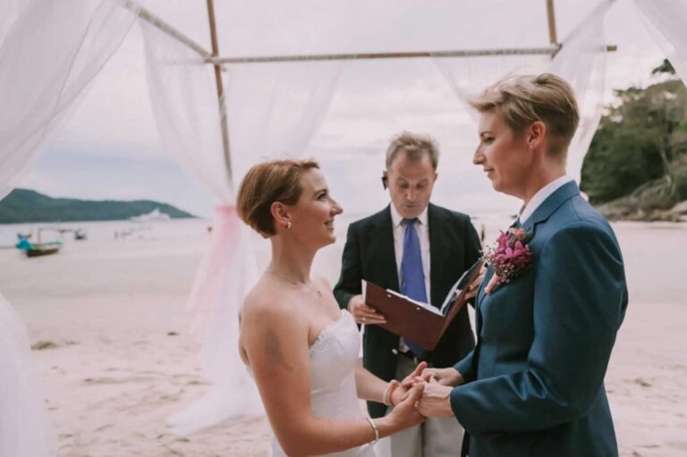 Vows beneath a bamboo and drapes arch on the beach, Phuket, Wedding Celebrant Phuket - Paul Cunliffe