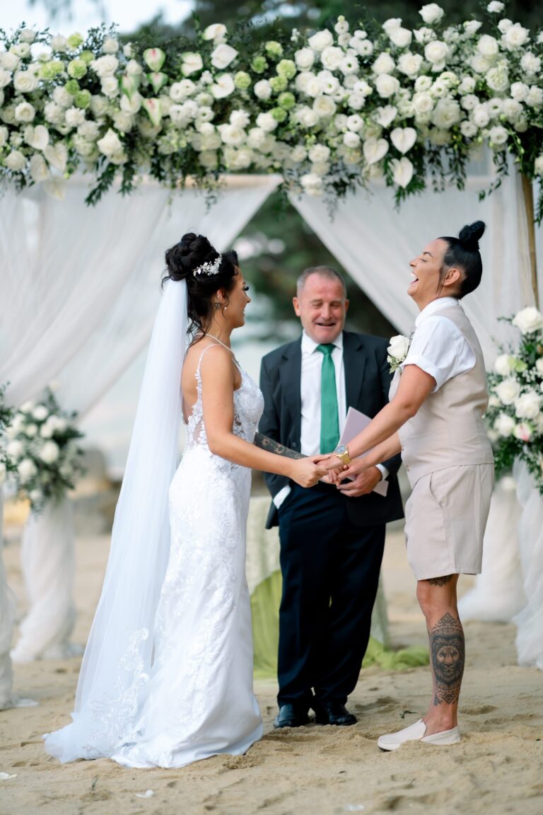 White draped floral arch ceremony on Hua Beach, Wedding Celebrant Phuket - Paul Cunliffe