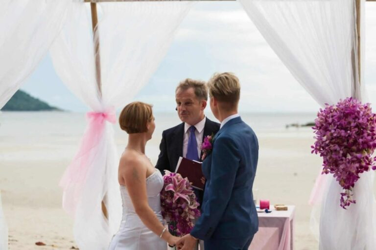Bamboo arch with white drapes and orchids on the beach, Phuket, Wedding Celebrant Phuket - Paul Cunliffe