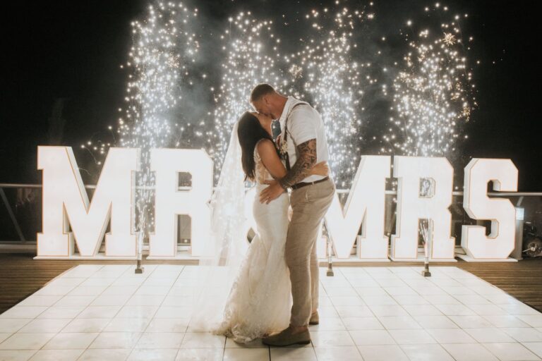 A couple on the dance floor with cold sparklers, Wedding Cyprus Villas