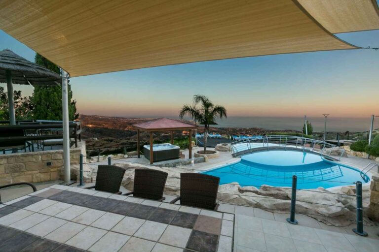 The pool terrace and shade sail at Villa Panorama, Wedding Cyprus Villas