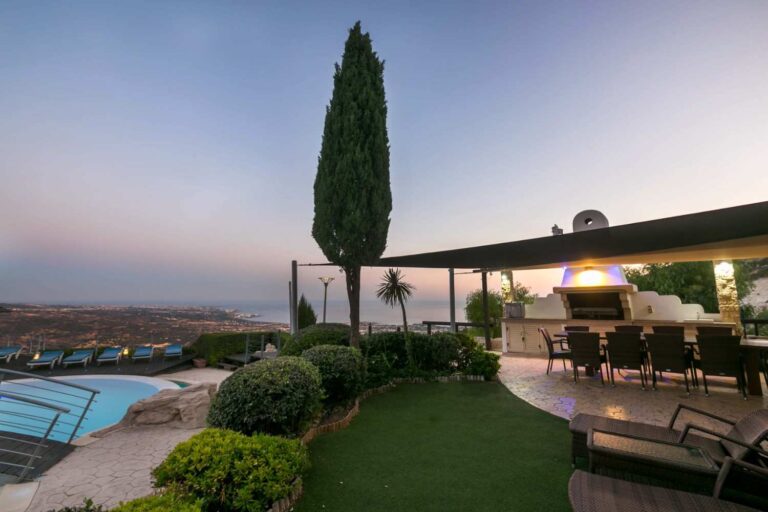 The garden and covered terrace at dusk, Wedding Cyprus Villas