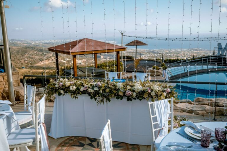 The top table and guest tables on the upper deck at Villa Panorama, Wedding Cyprus Villas