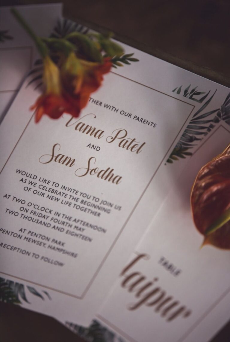 A real wedding invitation among autumn leaves, a Hampshire ceremony detail, Wedding Hair And Makeup By Lisa