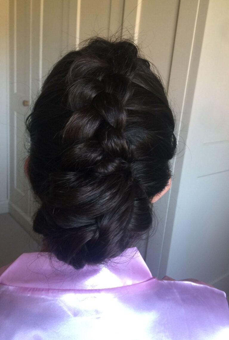 A French braid finished from behind during a bridal trial, Wedding Hair And Makeup By Lisa