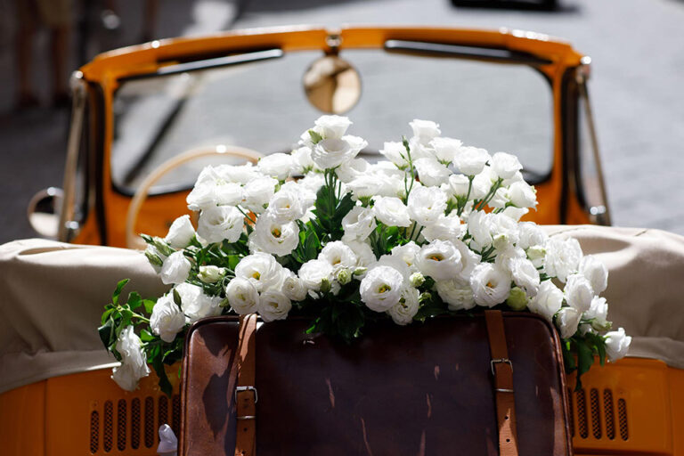 White ranunculus on the antique leather suitcase at the back of the car, Wedding In Yellow Vintage