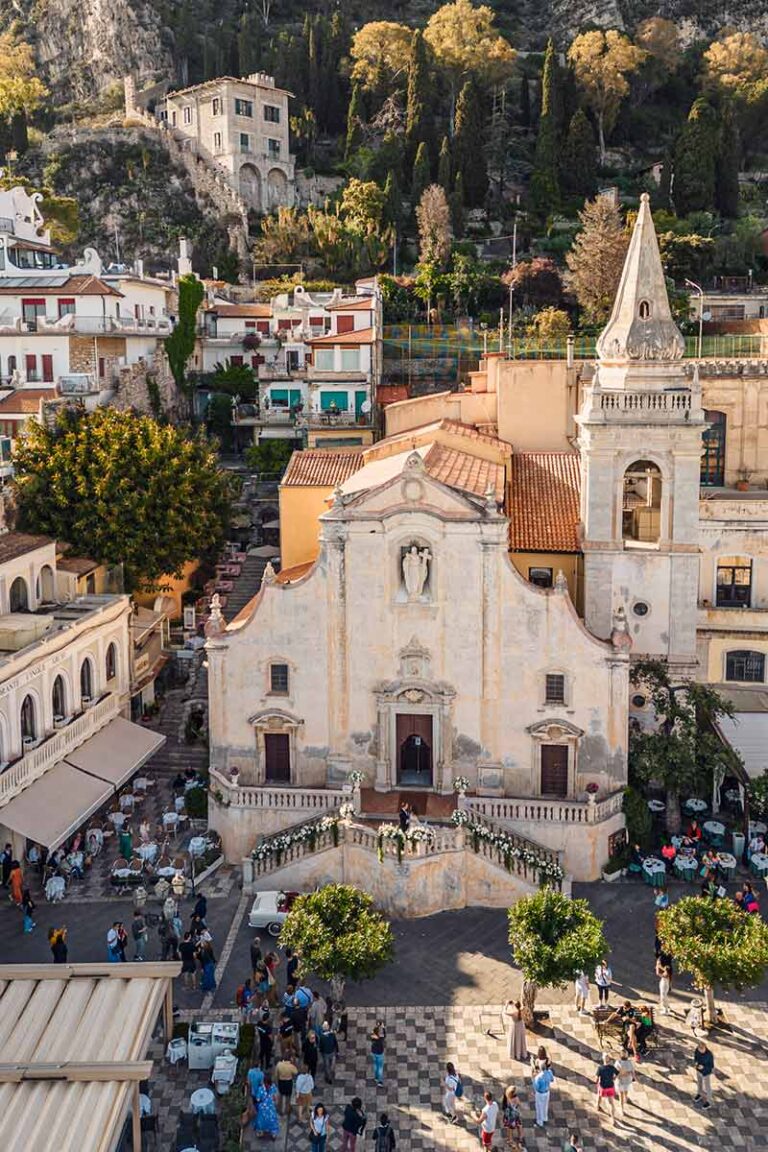 Aerial view of a church and piazza in Taormina on a wedding day, Wedding Sicily