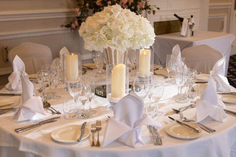 Round table laid for a wedding breakfast, West Lodge Park