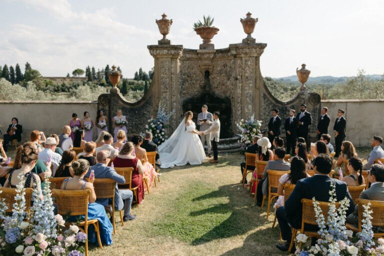 A ceremony at a carved stone fountain, Villa Medicea di Lilliano, Tuscany, White Emotion