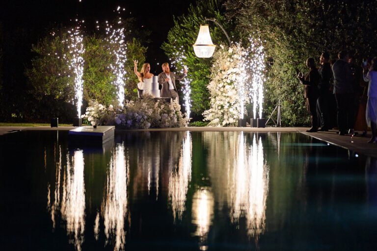 Sparkler fountains and a champagne toast beside a reflecting pool, Sicily, White Emotion