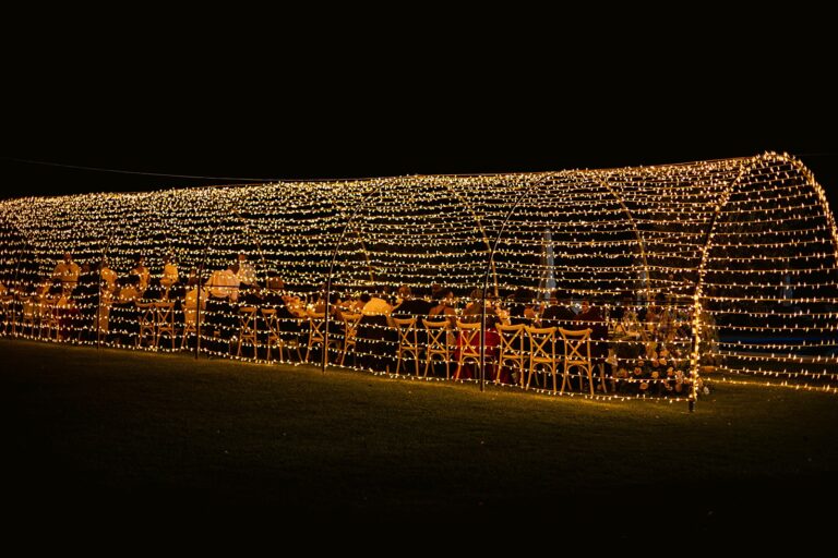 A dinner laid inside a tunnel of fairy lights, Puglia, White Emotion