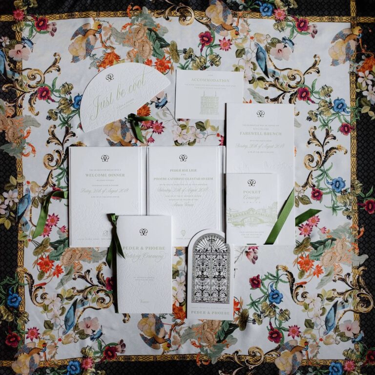 Wedding stationery laid on a printed silk scarf, Phoebe and Peder's Venice wedding, Whitesfilm Wedding Videography