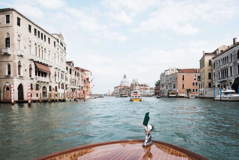 The Grand Canal from the bow of a wooden water taxi, Venice, Whitesfilm Wedding Videography