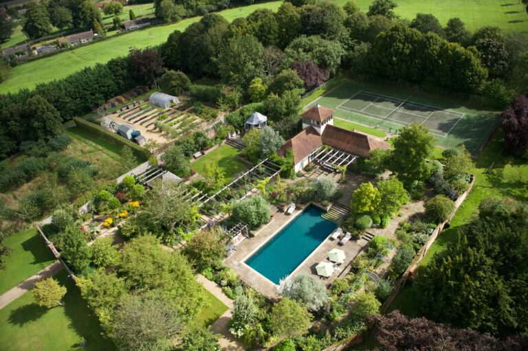 The walled garden from above, with the swimming pool, the Pavilion, the tennis court and the kitchen garden, Wickham House