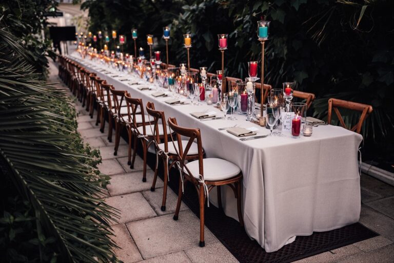 A wedding table dressed with orchid and hydrangea, the Temperate House, Kew Gardens, Wildabout