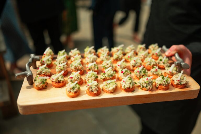 A board of canapés carried out during a drinks reception, Worstead Estate