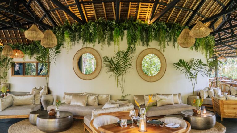 Lounge and dining area with hanging lanterns, Ycona Luxury Resort