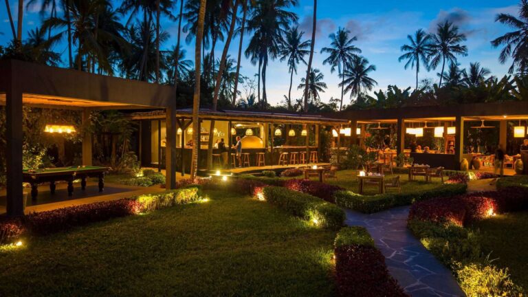 Restaurant and gardens in the evening, Ycona Luxury Resort