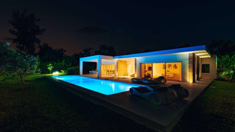 Pool villa and garden at night, Ycona Luxury Resort