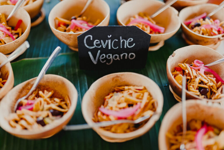 Vegan ceviche served in bowls on banana leaf as part of the wedding catering, YD Events