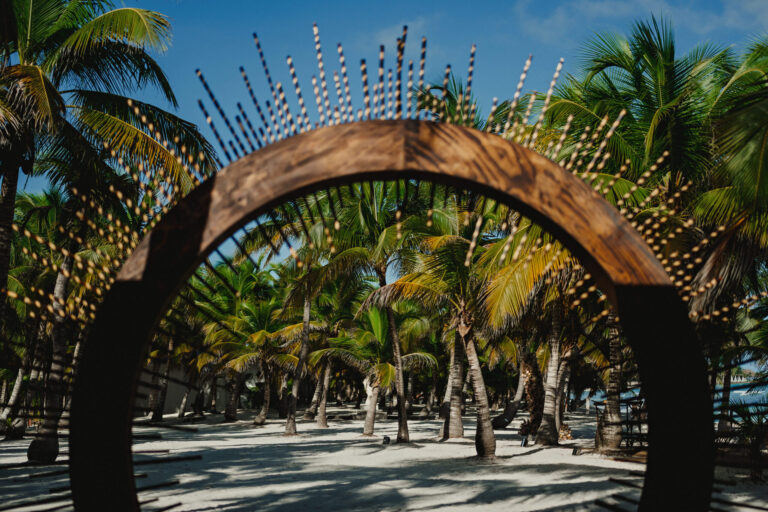 A timber arch trimmed with lights framed by palms, YD Events