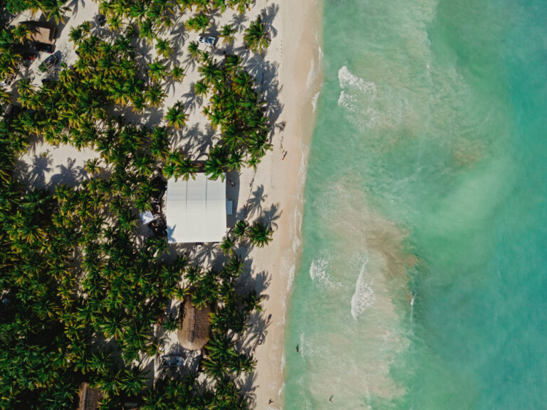 An aerial view of a turquoise beach beside a jungle garden venue, YD Events