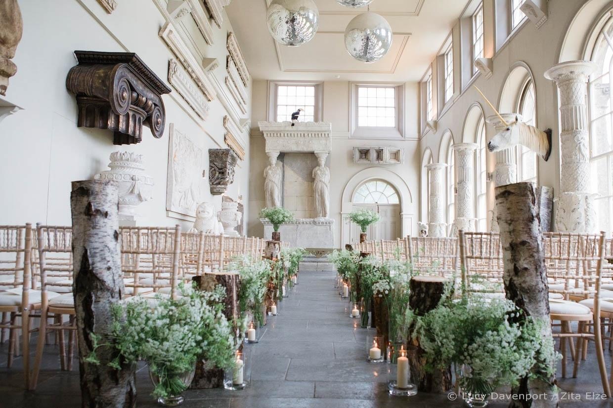 The ceremony room dressed with birch trunks and Queen Anne's lace, Zita Elze
